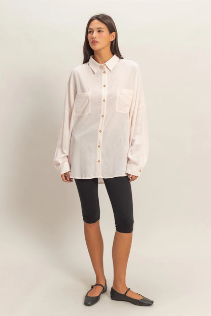 Pinstripe & Poise Oversized Striped Button-Up Shirt with Pockets