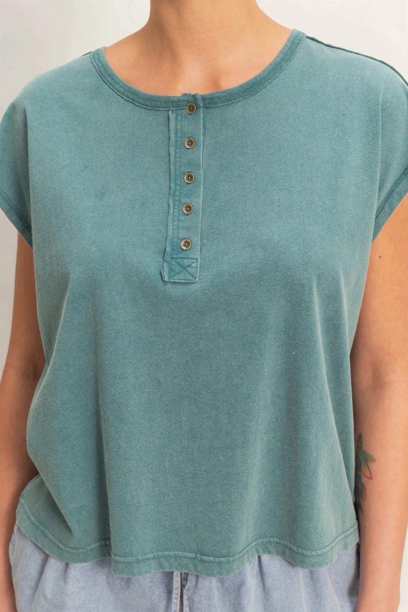HyFVE / Double Zero Vintage Wash Henley Cap Sleeve Top | Cotton Pleated Yoke Tee