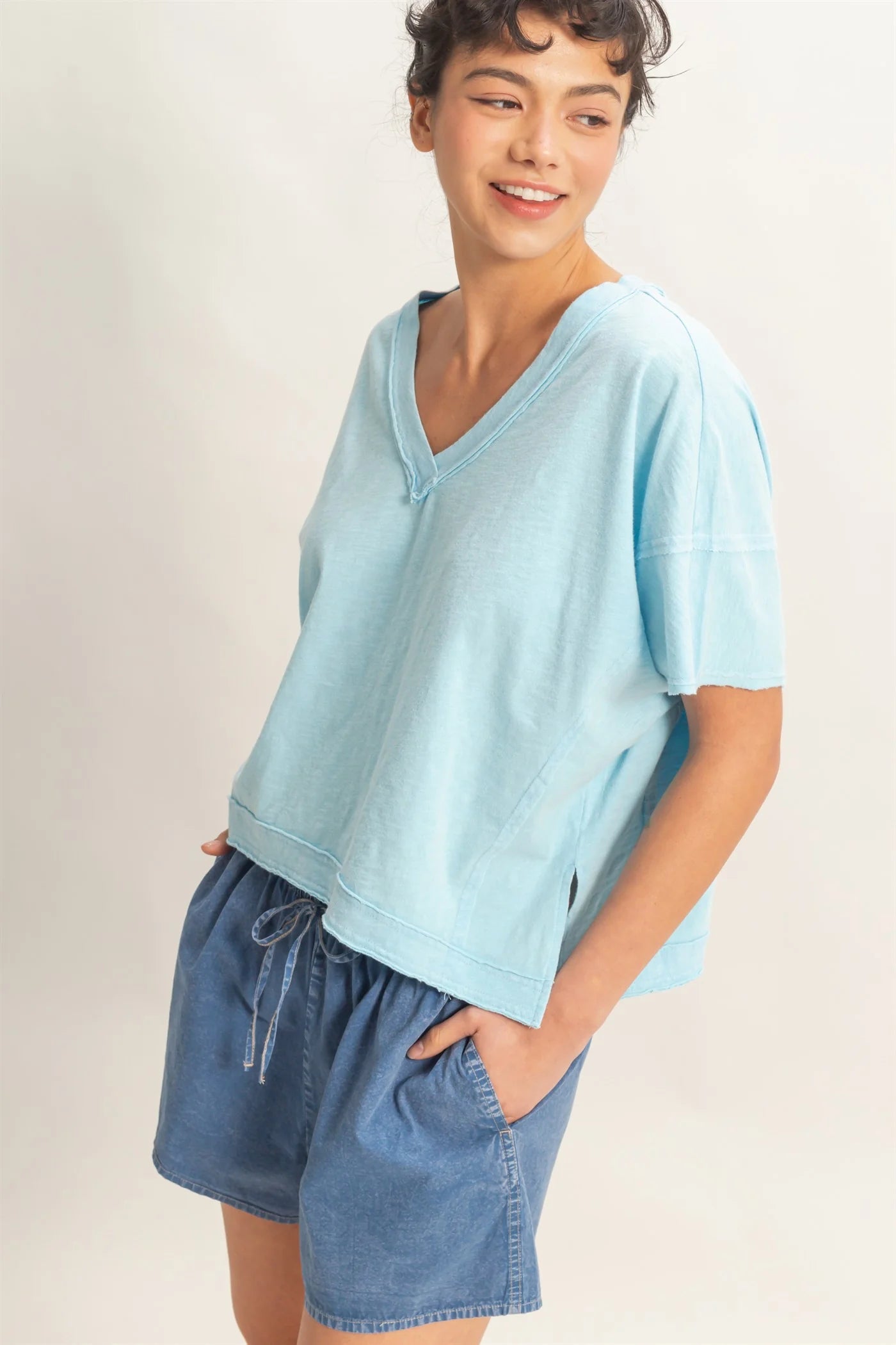 Washed Away Oversized V Neck Tee – Acid Wash Raw Edge Cotton Top