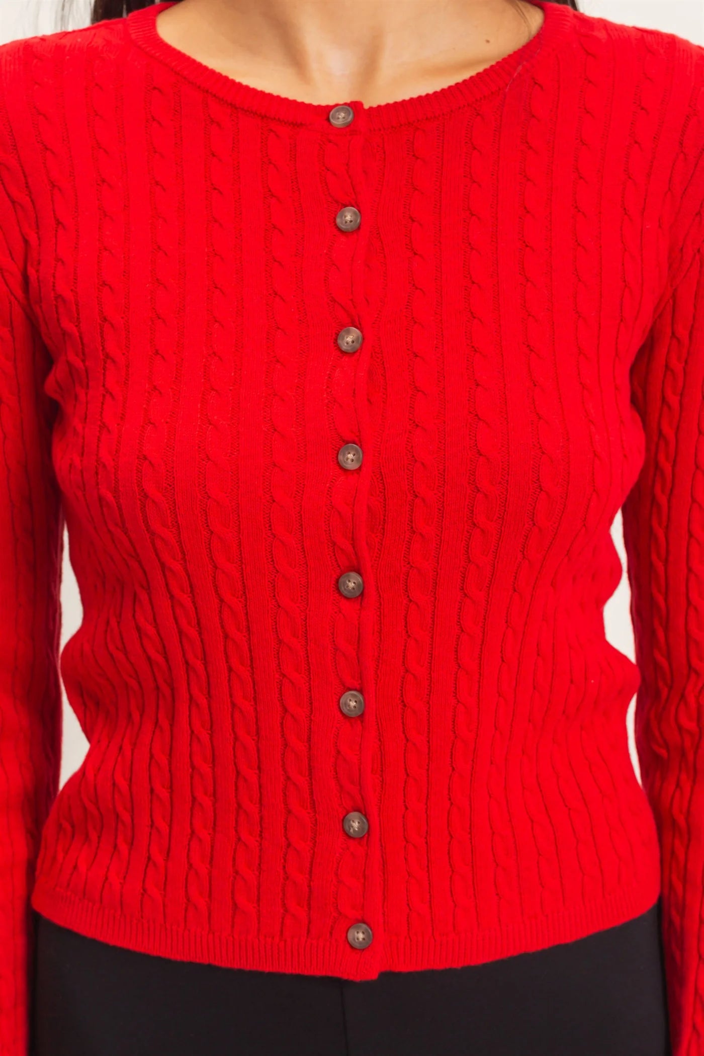 Cable Knit Cardigan by Double Zero | Button Front Fitted Sweater Cardigan