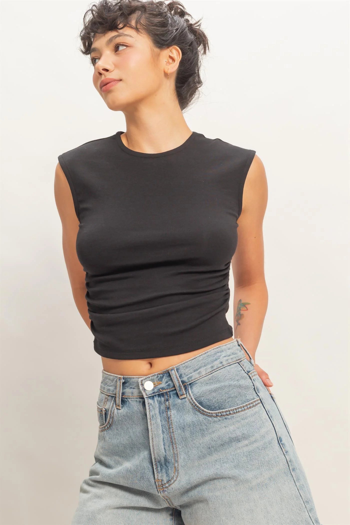 Ruched Waist Cap Sleeve Knit Top – Fitted Side Ruched Stretch Cotton Tank