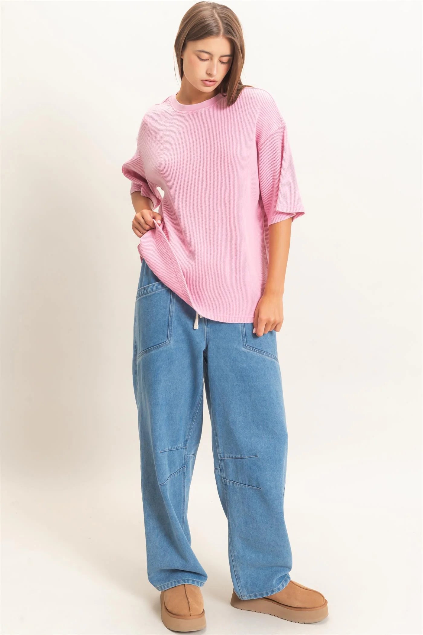 Mineral Wash Waffle Crew Neck Top by Double Zero | Short Sleeve Boutique Tee