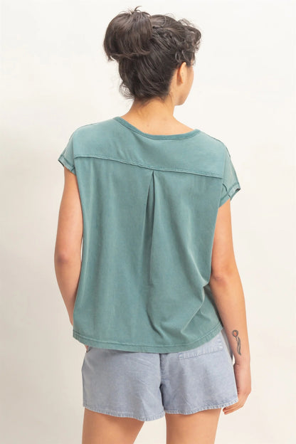 HyFVE / Double Zero Vintage Wash Henley Cap Sleeve Top | Cotton Pleated Yoke Tee