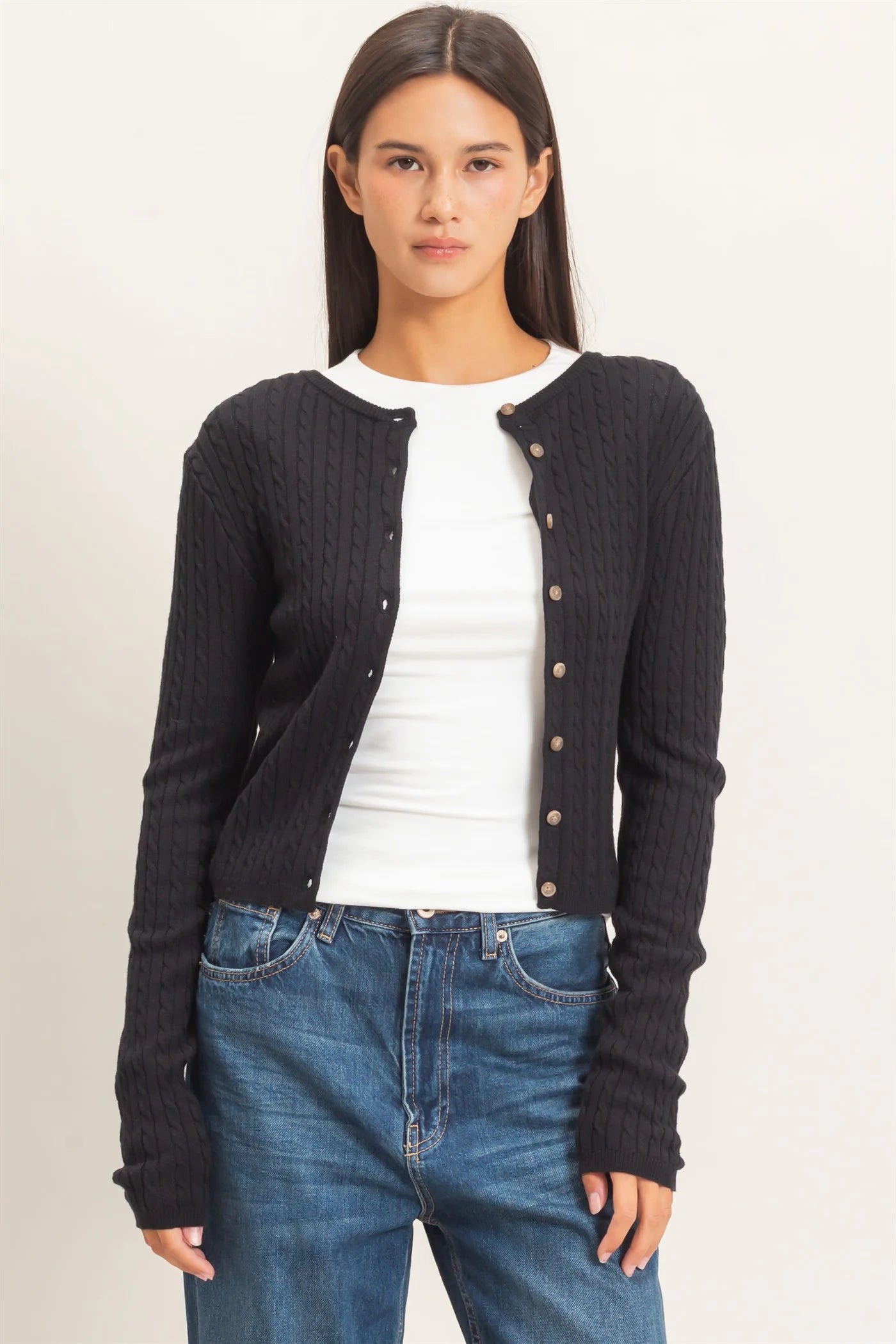 Cable Knit Cardigan by Double Zero | Button Front Fitted Sweater Cardigan