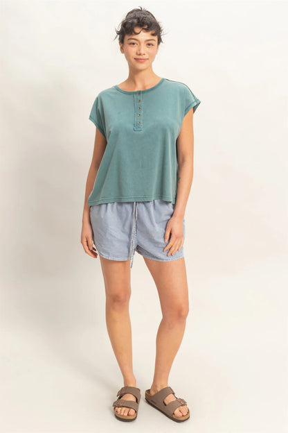 HyFVE / Double Zero Vintage Wash Henley Cap Sleeve Top | Cotton Pleated Yoke Tee