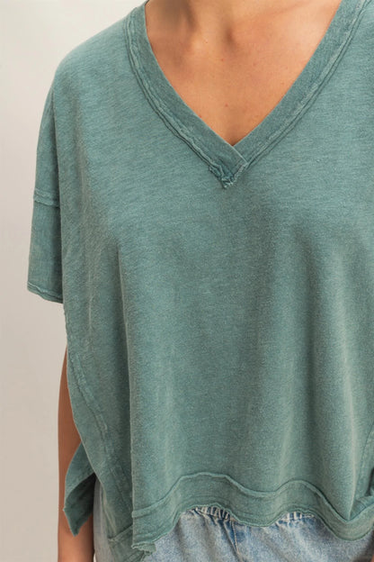 Washed Away Oversized V Neck Tee – Acid Wash Raw Edge Cotton Top