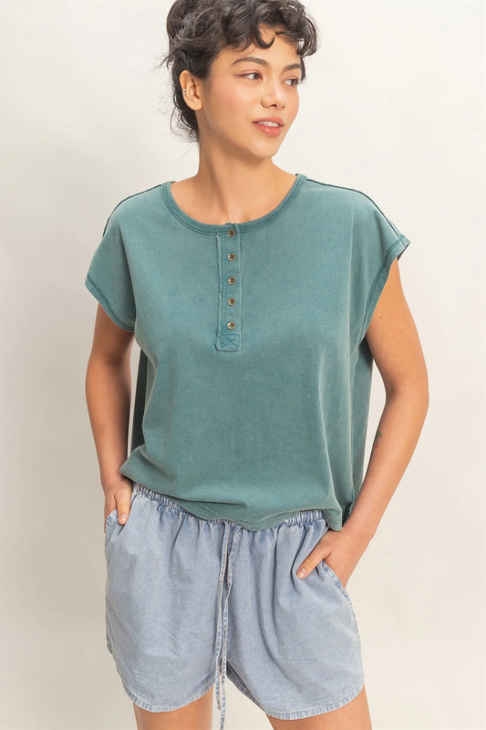 HyFVE / Double Zero Vintage Wash Henley Cap Sleeve Top | Cotton Pleated Yoke Tee