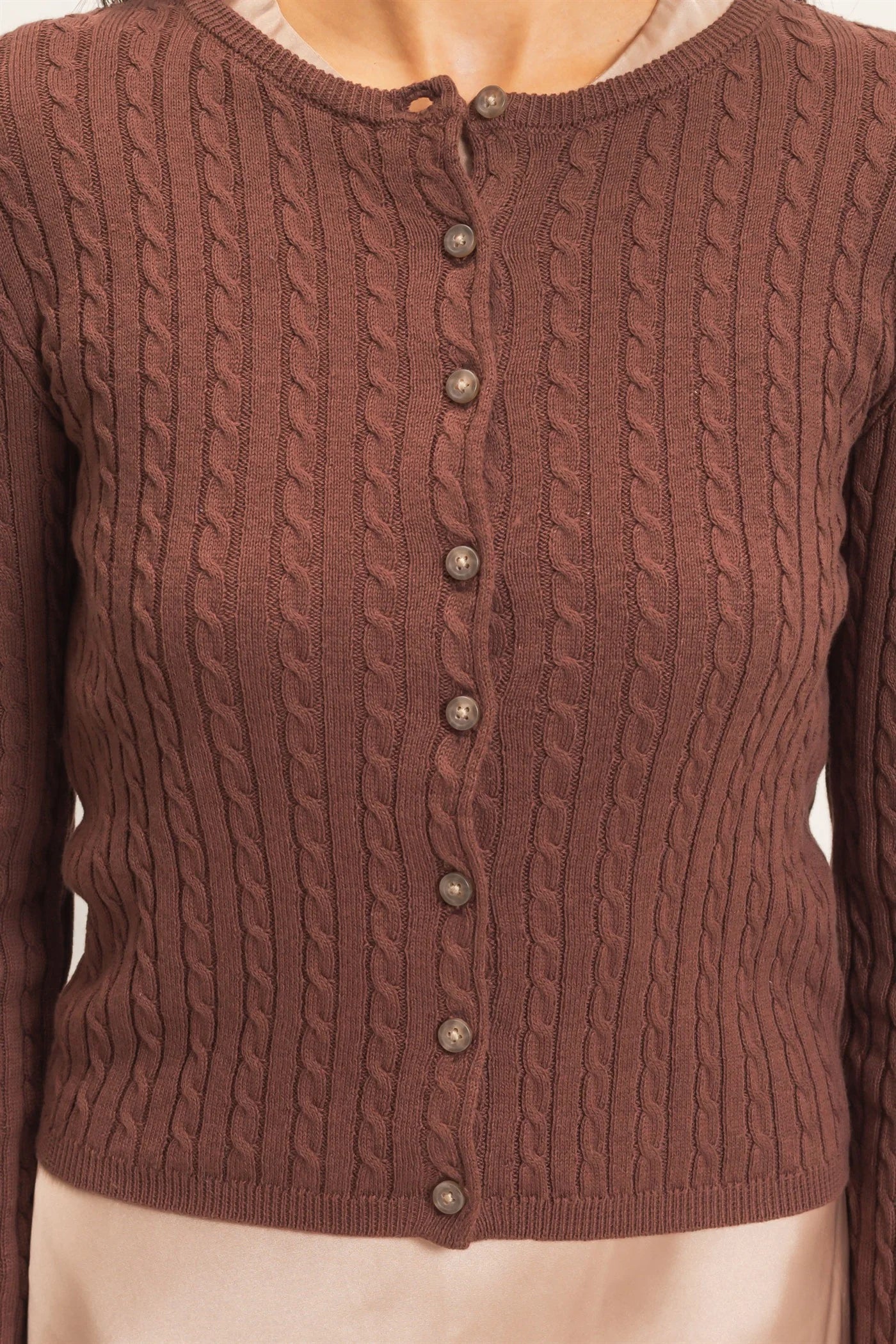 Cable Knit Cardigan by Double Zero | Button Front Fitted Sweater Cardigan