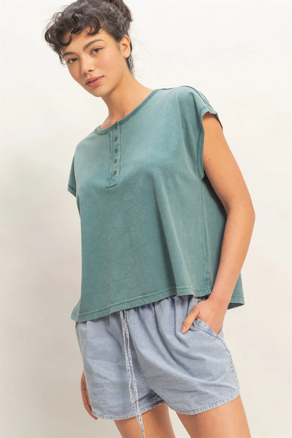 HyFVE / Double Zero Vintage Wash Henley Cap Sleeve Top | Cotton Pleated Yoke Tee