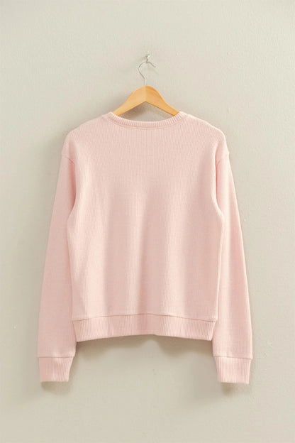 Brushed Waffle Crew Neck Long Sleeve Top – Soft Cozy Pink Pullover