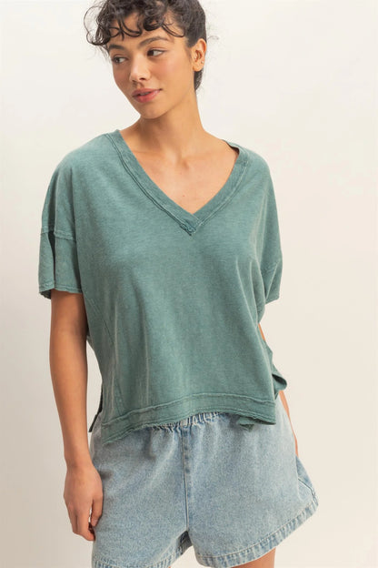 Washed Away Oversized V Neck Tee – Acid Wash Raw Edge Cotton Top