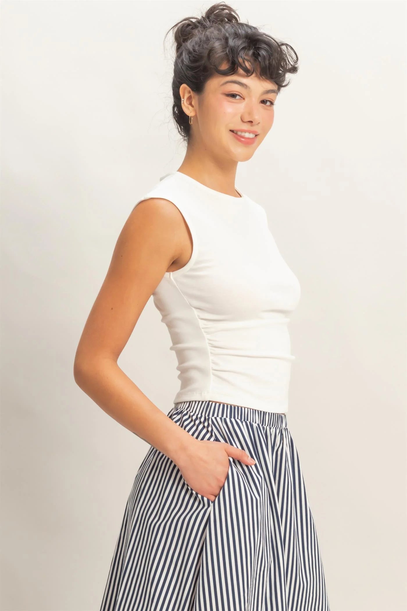 Ruched Waist Cap Sleeve Knit Top – Fitted Side Ruched Stretch Cotton Tank