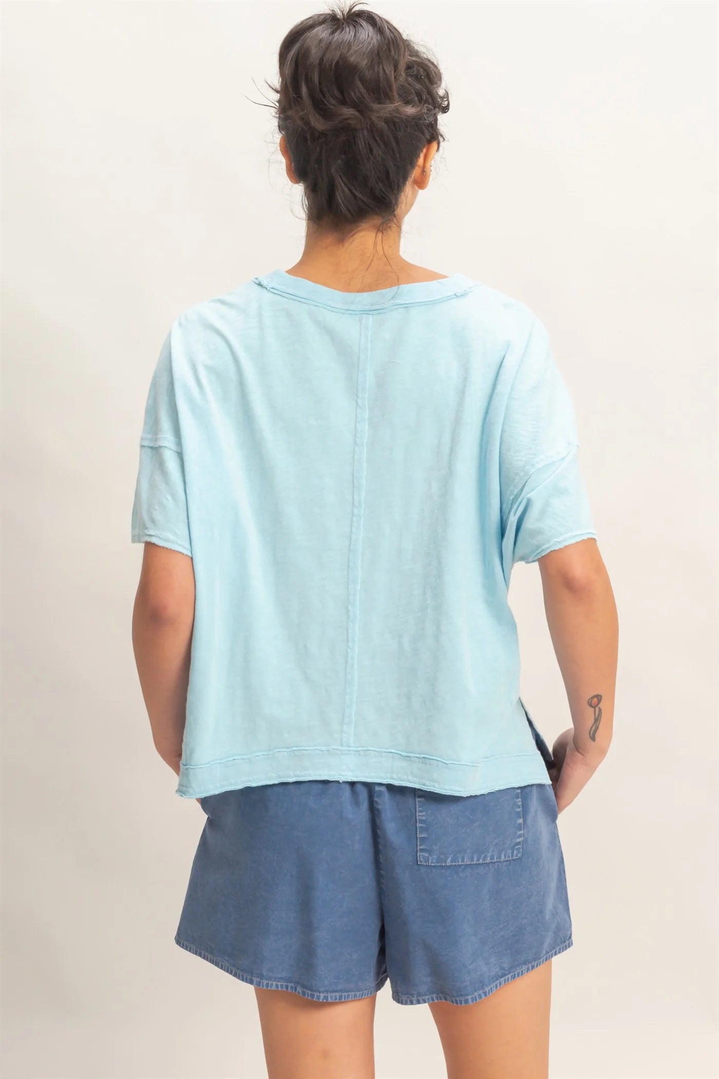 Washed Away Oversized V Neck Tee – Acid Wash Raw Edge Cotton Top