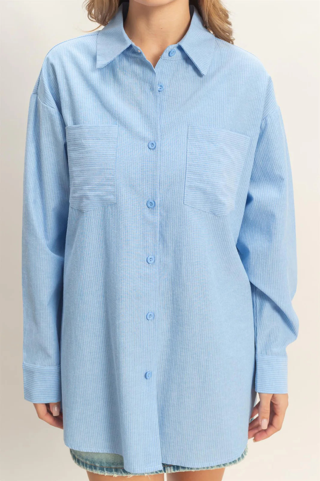 Blue Skies Oversized Button Up Shirt – Relaxed Pocket Front Blouse