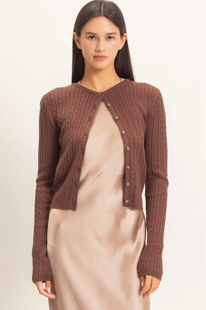Cable Knit Cardigan by Double Zero | Button Front Fitted Sweater Cardigan
