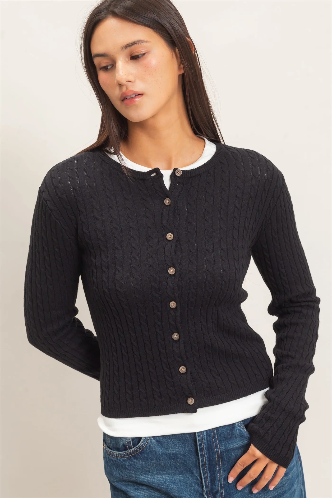 Cable Knit Cardigan by Double Zero | Button Front Fitted Sweater Cardigan