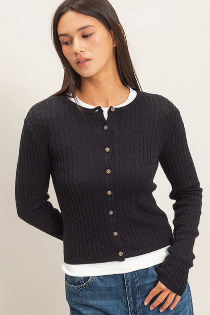 Cable Knit Cardigan by Double Zero | Button Front Fitted Sweater Cardigan