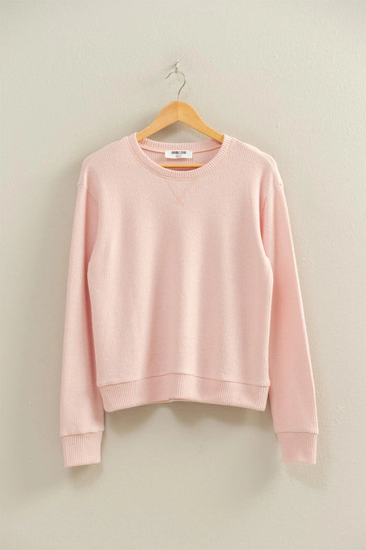 Brushed Waffle Crew Neck Long Sleeve Top – Soft Cozy Pink Pullover