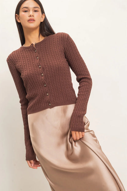 Cable Knit Cardigan by Double Zero | Button Front Fitted Sweater Cardigan