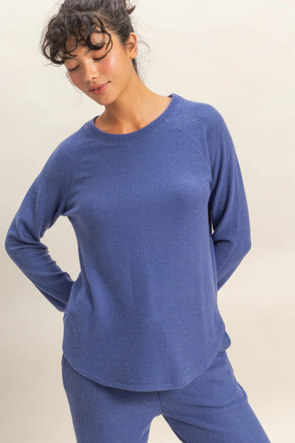 Brushed Waffle Raglan Long Sleeve Casual Top – Soft Cozy Textured Knit