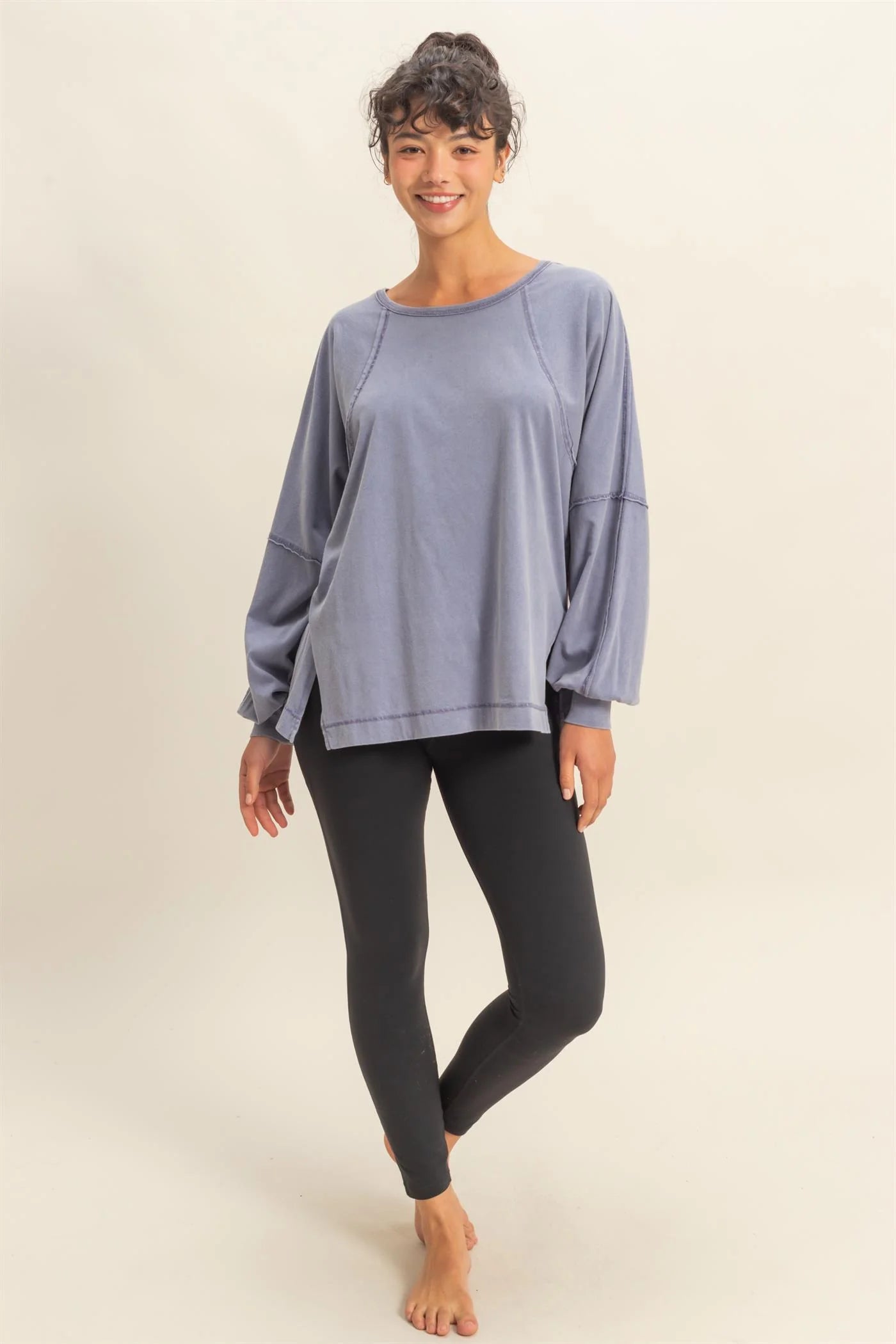 HYFVE Washed Oversized Long Sleeve Top – Side Slit Relaxed Fit