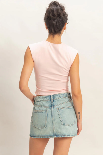 Ruched Waist Cap Sleeve Knit Top – Fitted Side Ruched Stretch Cotton Tank