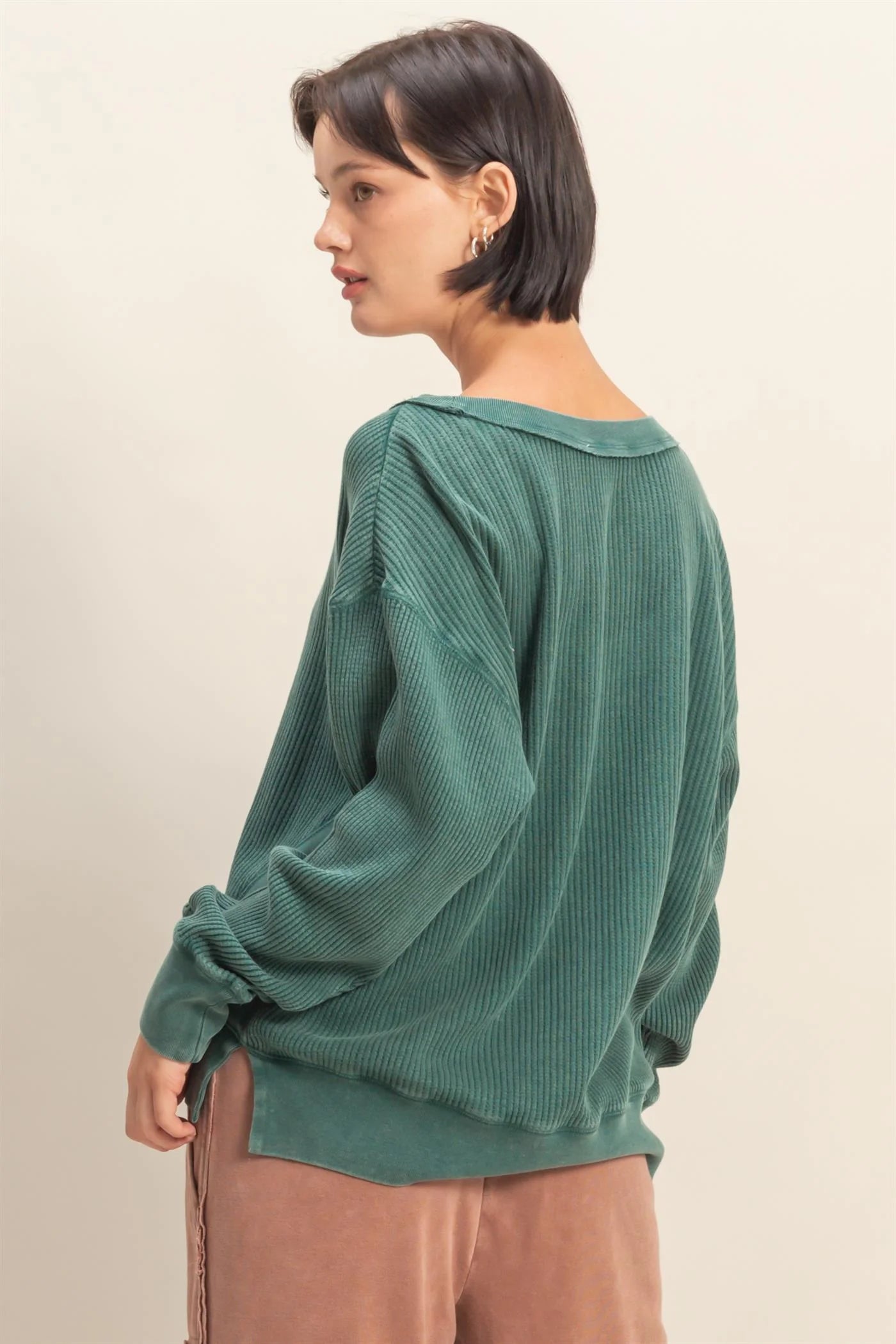 HYFVE Scoop Neck Waffle Knit Top – Mineral Washed, Relaxed Long Sleeve