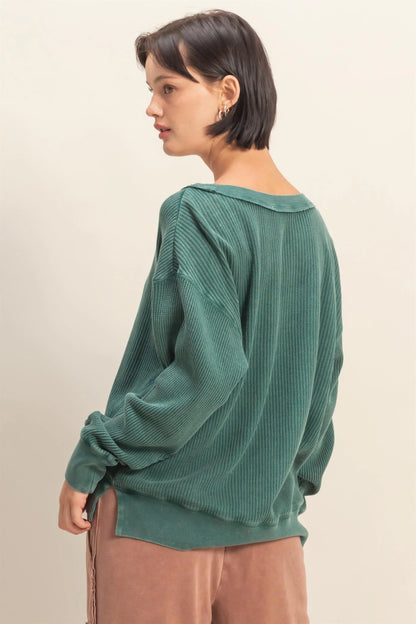 HYFVE Scoop Neck Waffle Knit Top – Mineral Washed, Relaxed Long Sleeve
