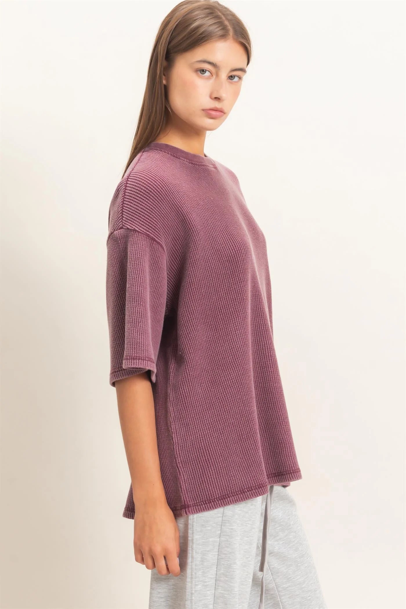 Mineral Wash Waffle Crew Neck Top by Double Zero | Short Sleeve Boutique Tee