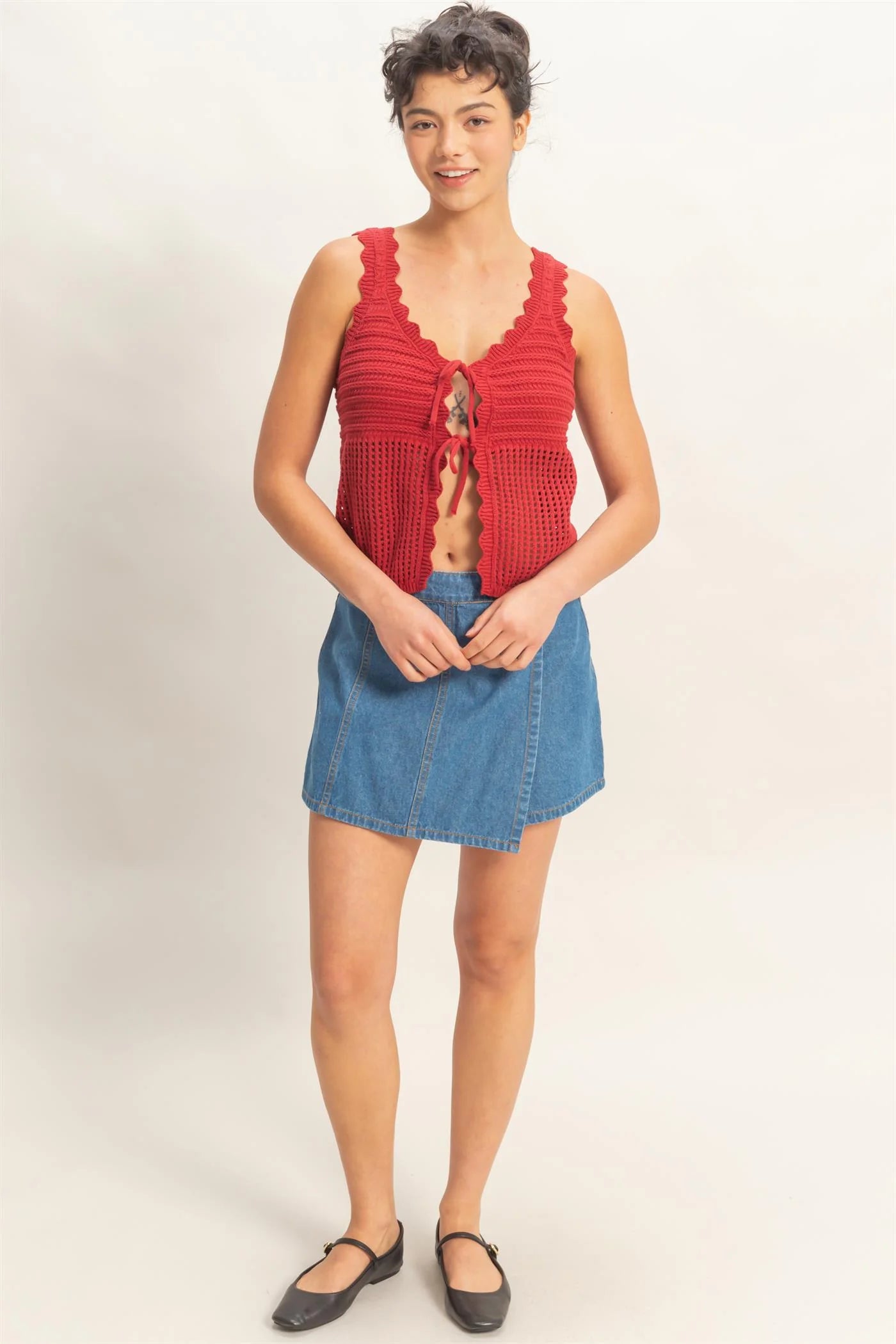 Red Open Knit Double Tie-Front Vest