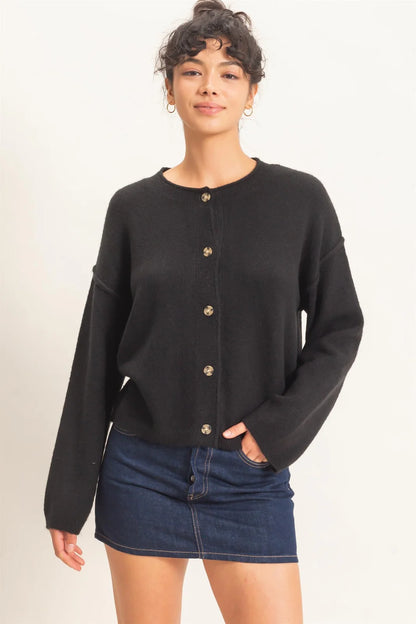 Double Zero Easy Layer Button-Front Cardigan | DZ26E269 Loose Fit Crew Neck Sweater
