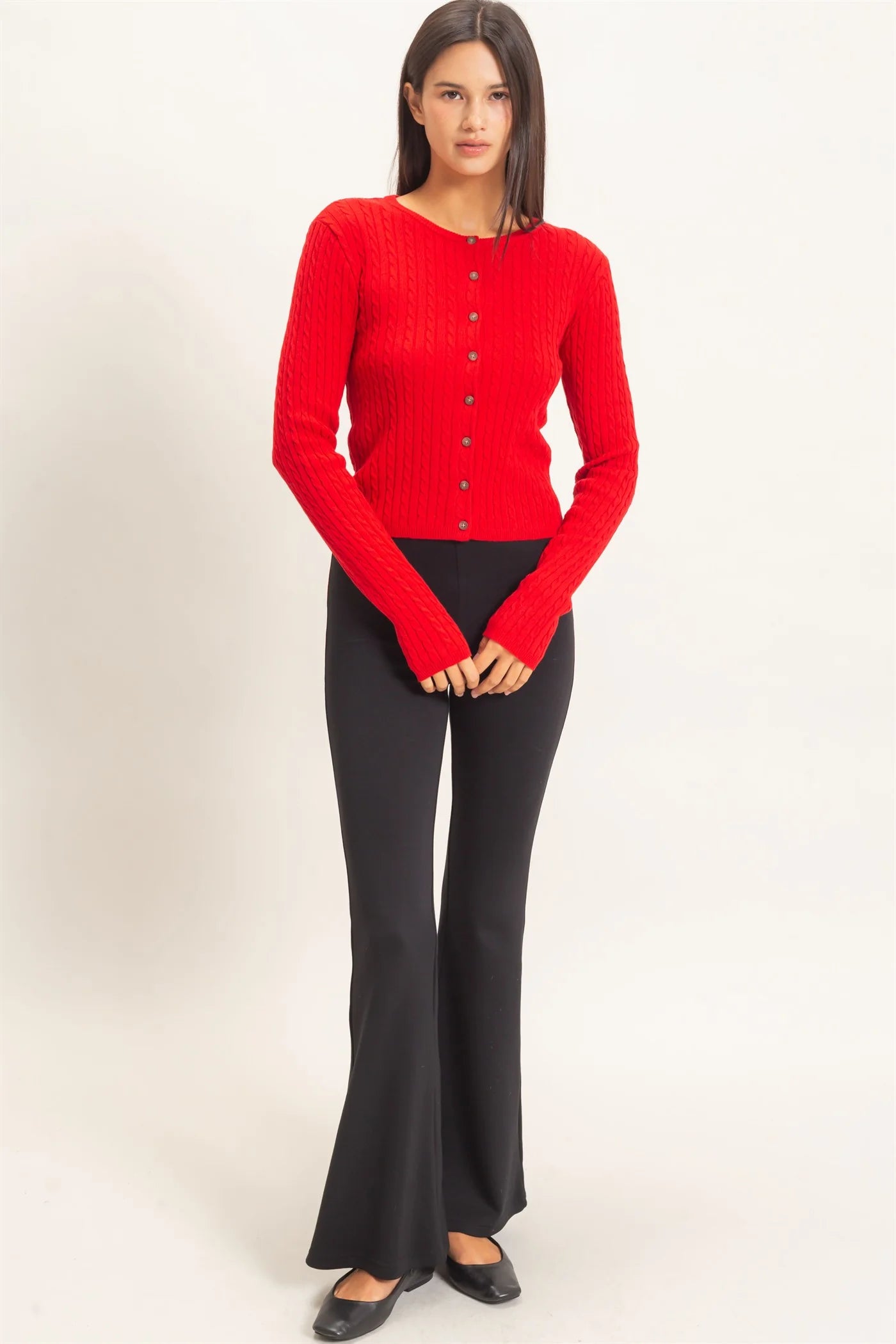 Cable Knit Cardigan by Double Zero | Button Front Fitted Sweater Cardigan