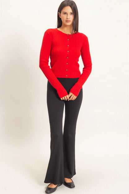 Cable Knit Cardigan by Double Zero | Button Front Fitted Sweater Cardigan