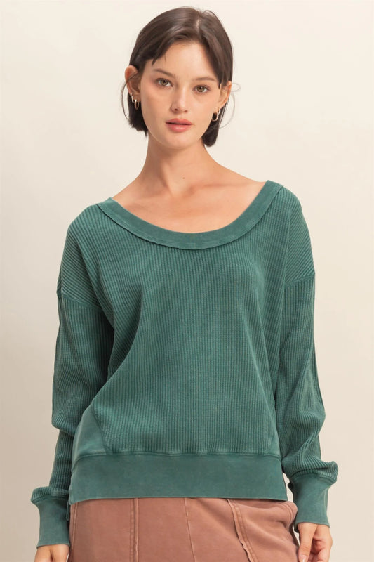 HYFVE Scoop Neck Waffle Knit Top – Mineral Washed, Relaxed Long Sleeve
