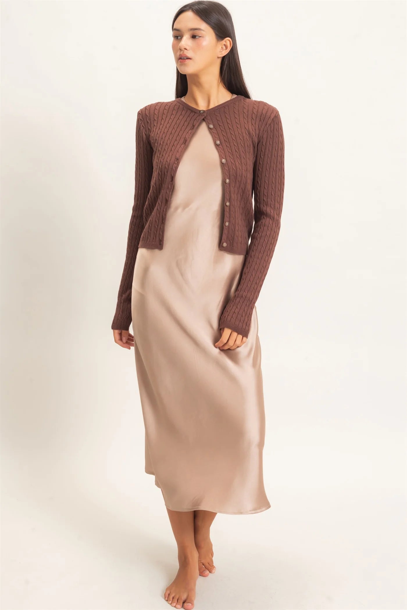 Cable Knit Cardigan by Double Zero | Button Front Fitted Sweater Cardigan