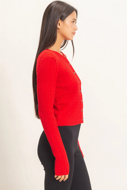 Cable Knit Cardigan by Double Zero | Button Front Fitted Sweater Cardigan