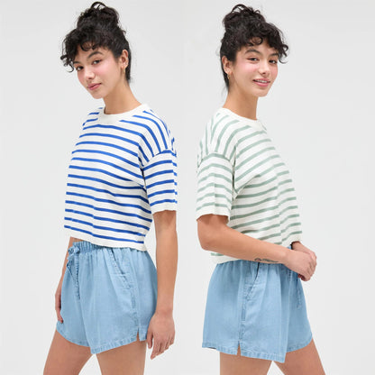 Feelin’ Fine Striped Crop – Round Neck Short Sleeve Boxy Tee