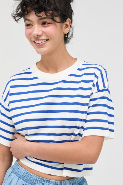 Feelin’ Fine Striped Crop – Round Neck Short Sleeve Boxy Tee