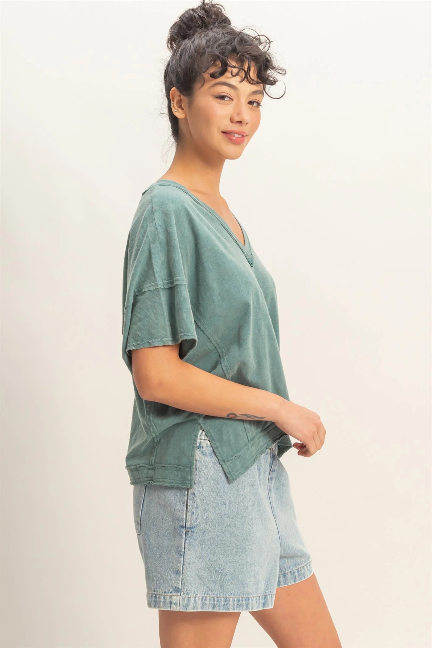 Washed Away Oversized V Neck Tee – Acid Wash Raw Edge Cotton Top