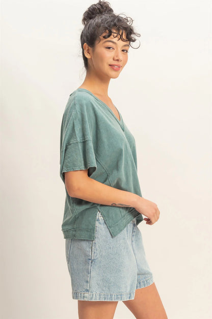Washed Away Oversized V Neck Tee – Acid Wash Raw Edge Cotton Top
