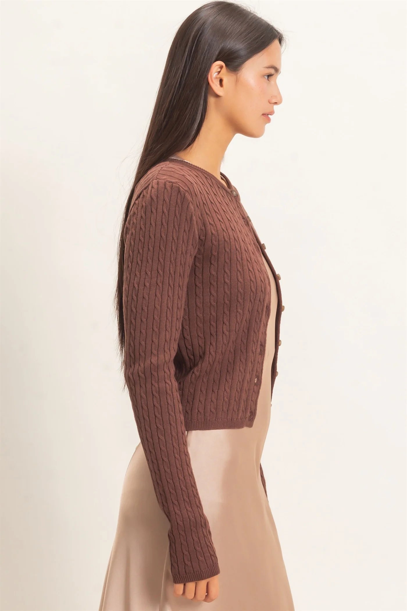 Cable Knit Cardigan by Double Zero | Button Front Fitted Sweater Cardigan