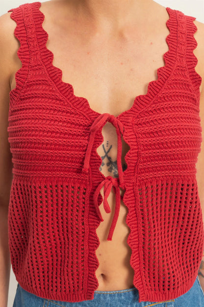 Red Open Knit Double Tie-Front Vest