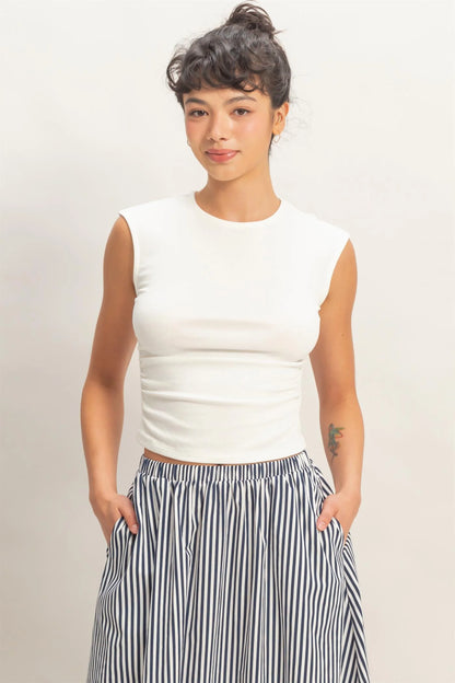 Ruched Waist Cap Sleeve Knit Top – Fitted Side Ruched Stretch Cotton Tank