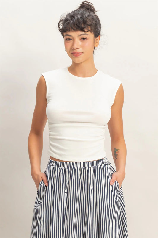 Ruched Waist Cap Sleeve Knit Top – Fitted Side Ruched Stretch Cotton Tank