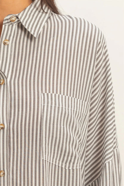 Pinstripe & Poise Oversized Striped Button-Up Shirt with Pockets