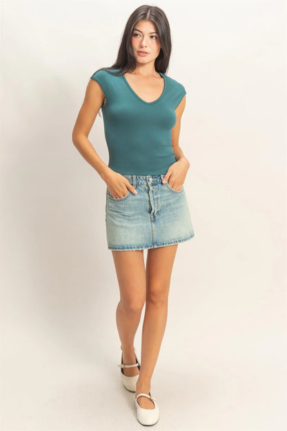 HyFVE / Double Zero Sleek V-Neck Cap Sleeve Top | Fitted Layering Tank