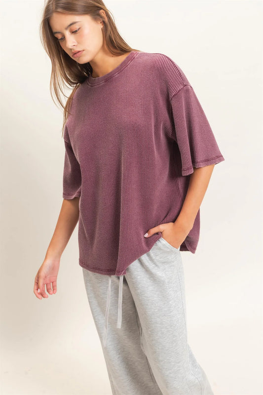Mineral Wash Waffle Crew Neck Top by Double Zero | Short Sleeve Boutique Tee