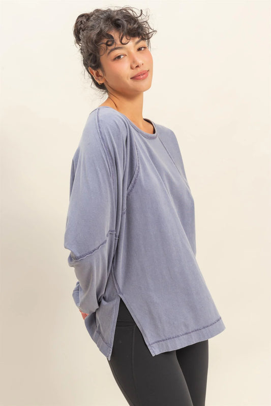 HYFVE Washed Oversized Long Sleeve Top – Side Slit Relaxed Fit