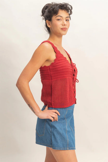 Red Open Knit Double Tie-Front Vest