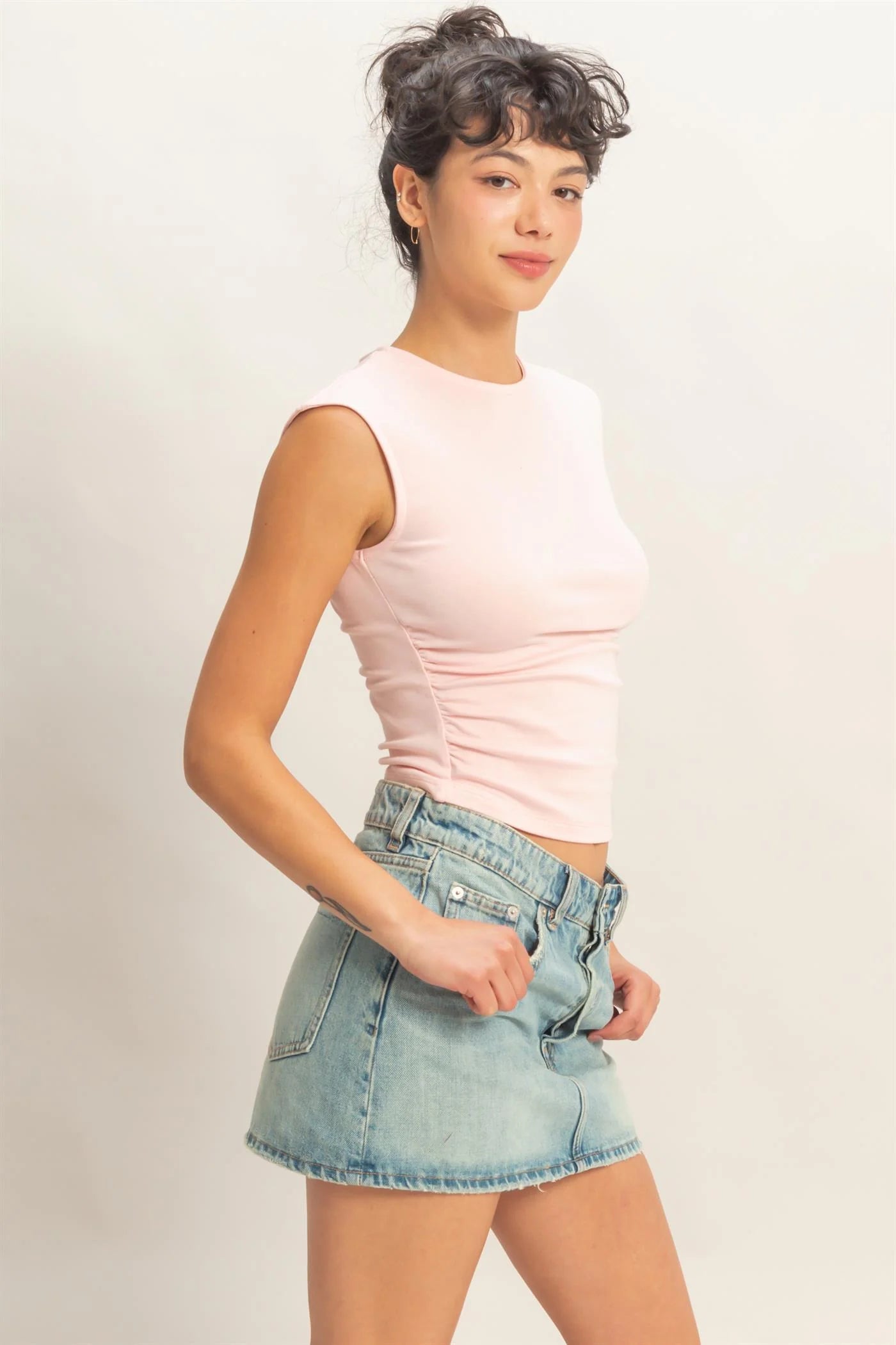 Ruched Waist Cap Sleeve Knit Top – Fitted Side Ruched Stretch Cotton Tank